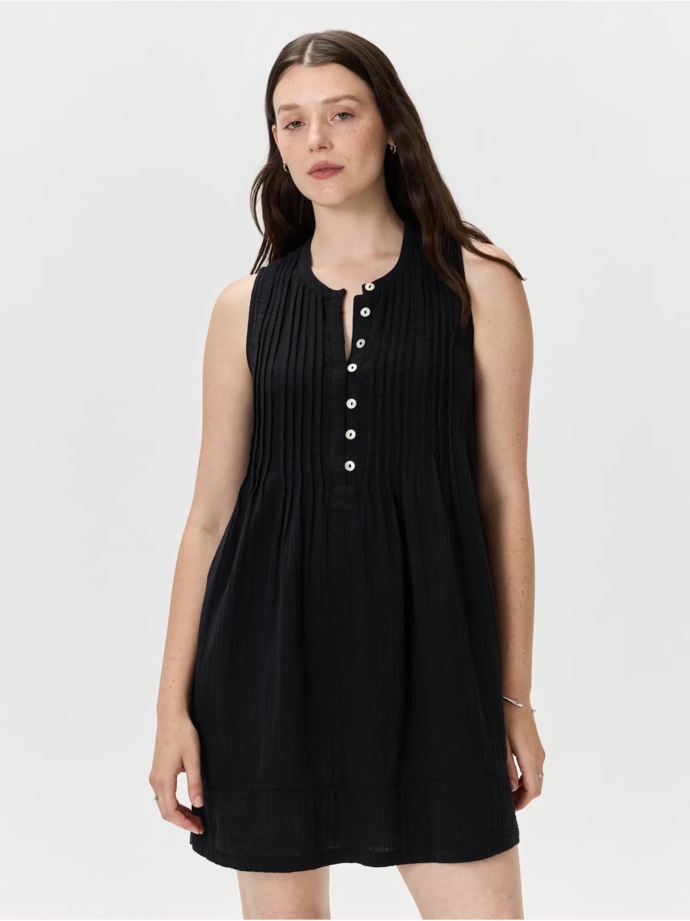 Quince Organic Cotton Black Sleeveless Pintuck Button Mini Dress